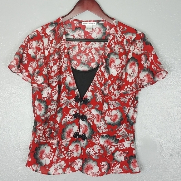 Michele Michelle Vintage Y2K Red Floral Open Front Blouse - Picture 1 of 6